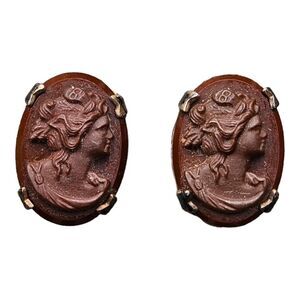 Vintage Victorian Chocolate Lava Resin Cameo Stud Earrings